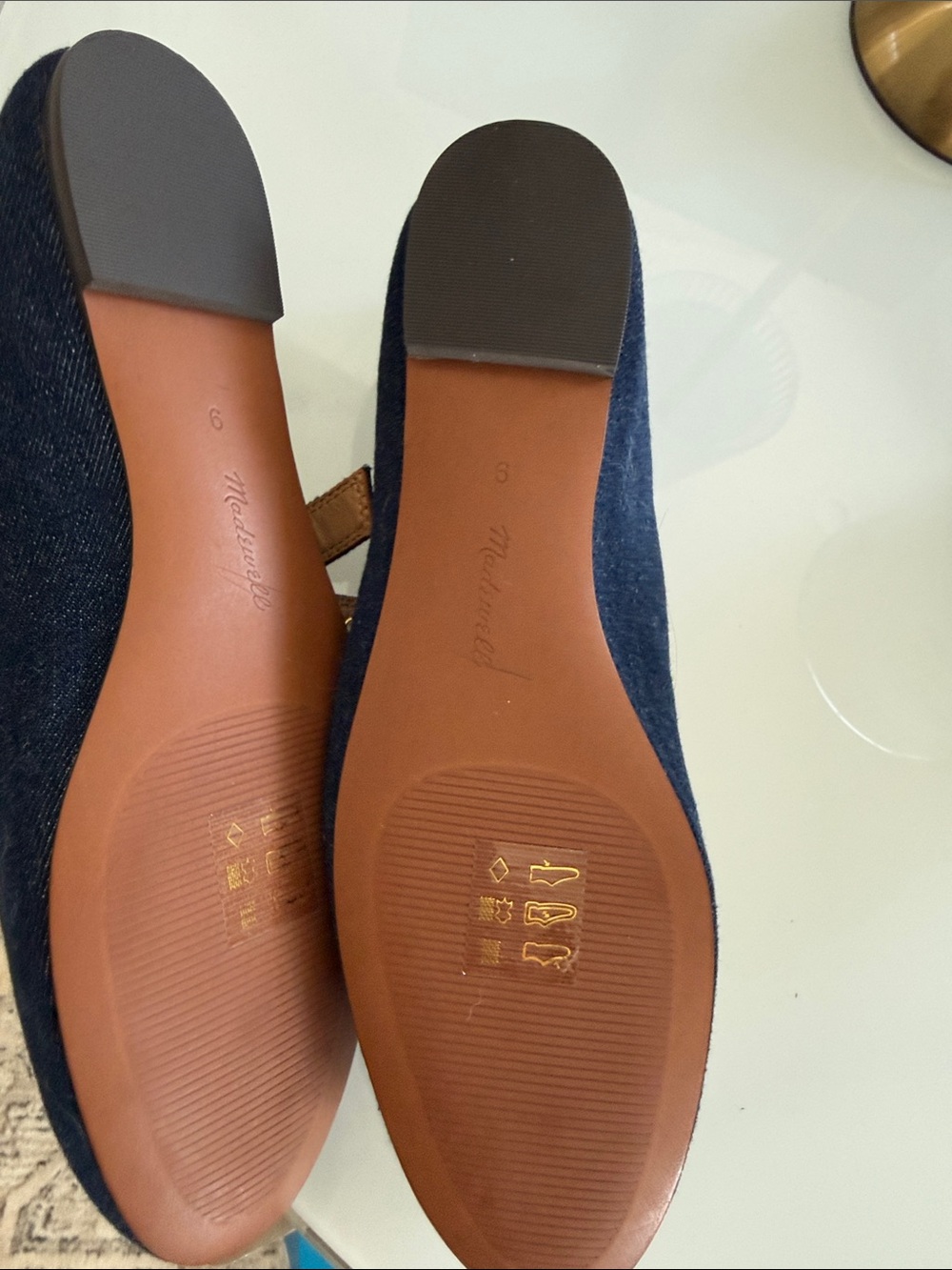 Madewell Denim Mary Jane Flats in Dark Blue with Gold Buckles - Picture 2 of 2
